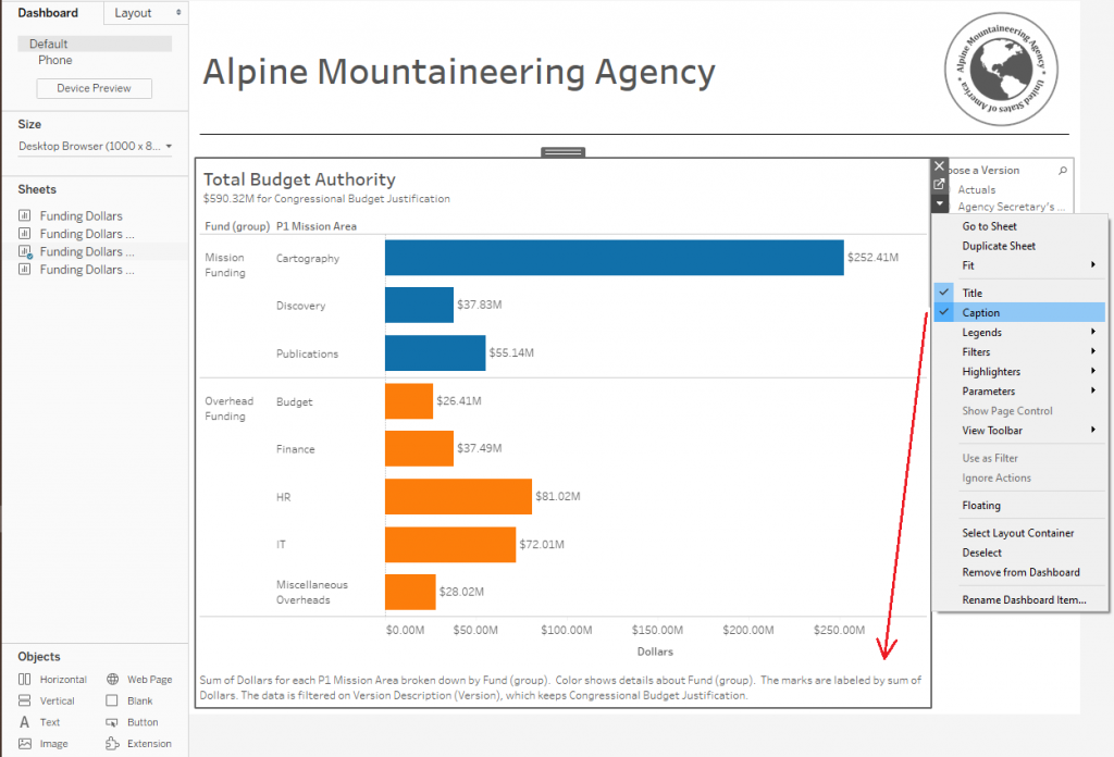 Dashboard using Tableau's auto-generated captions